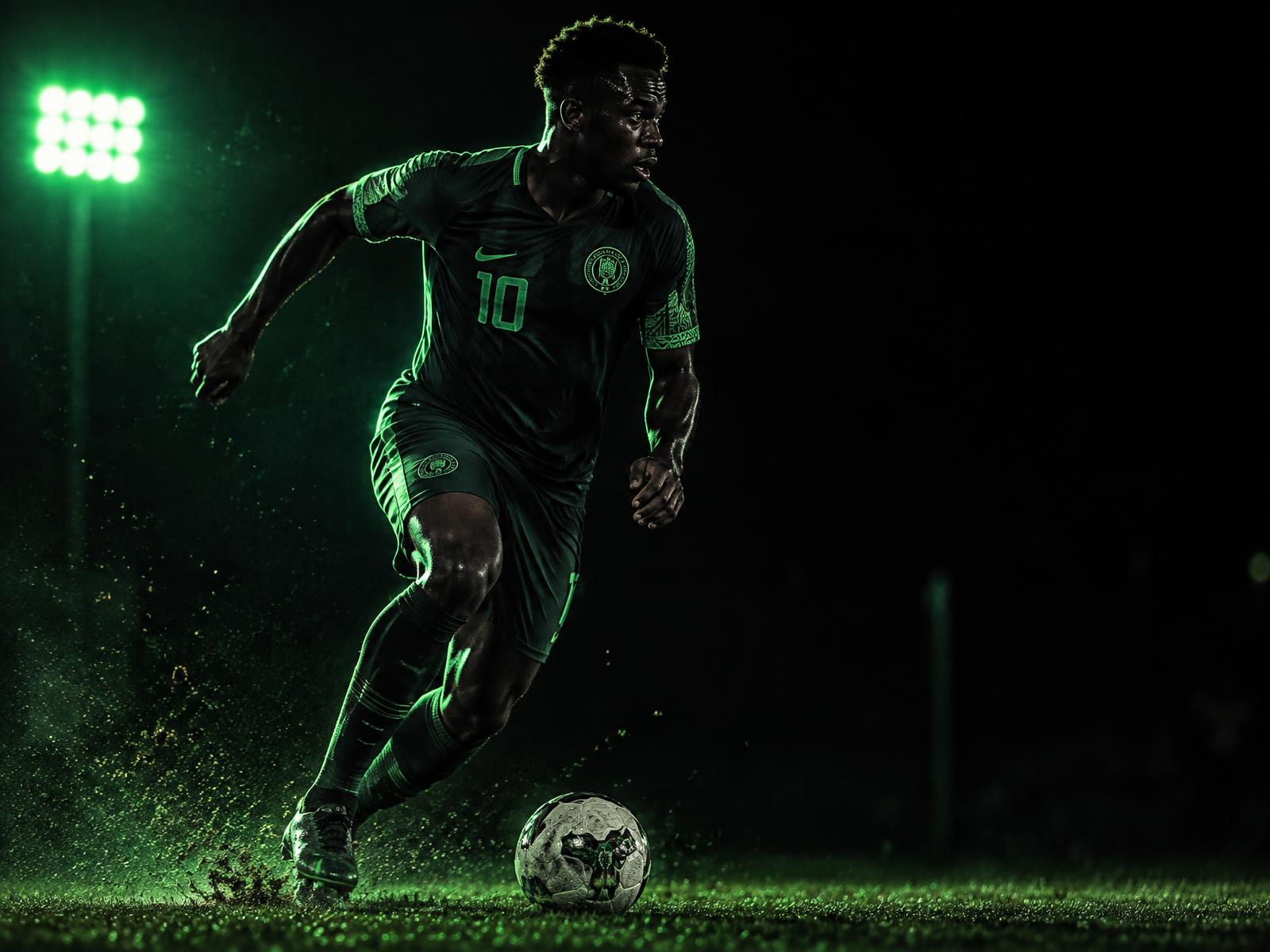 Young footballer sprinting with the ball under emerald floodlights